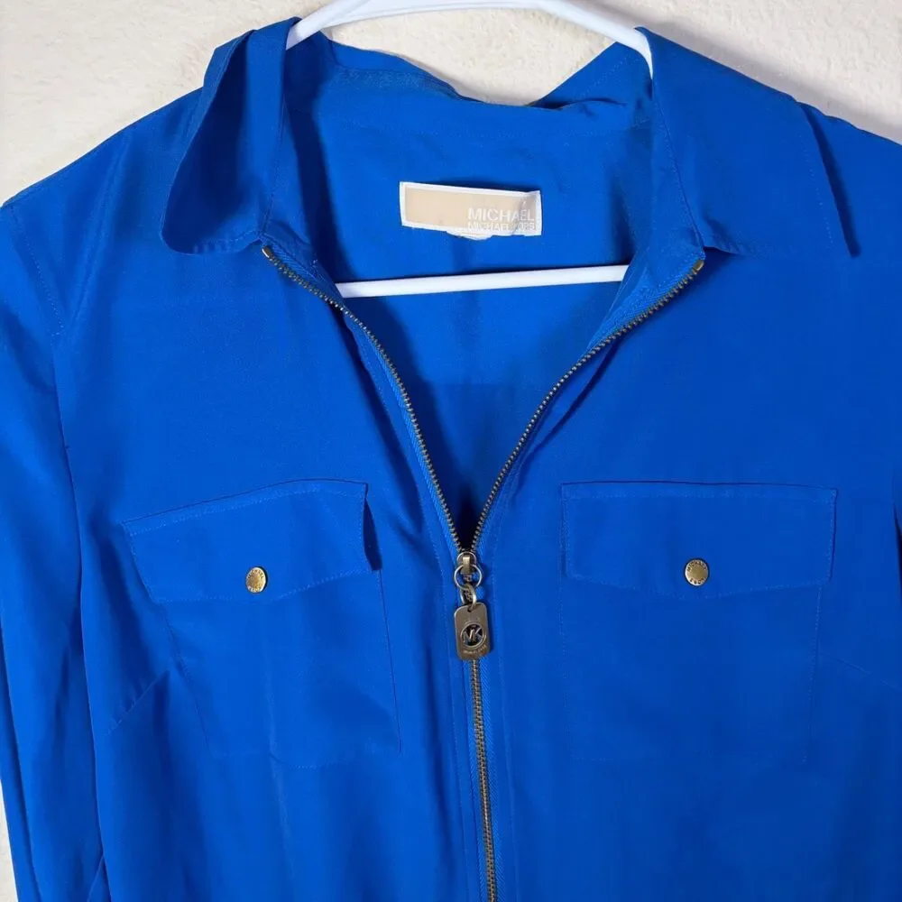 Michael Kors Blouse Women's Medium V-Neck Zipper Long Sleeve Collared Top